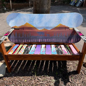 Hand Painted Frontier Bench full size chair build with bear and cub forest scene on reclaimed snowboard backrest, colorful mixed ski seat, and ski armrests on a wood frame