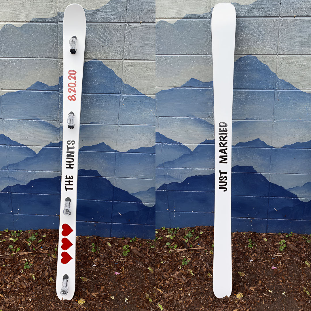 Two images of a wedding themed shot-ski with text against a mountain-themed wall.