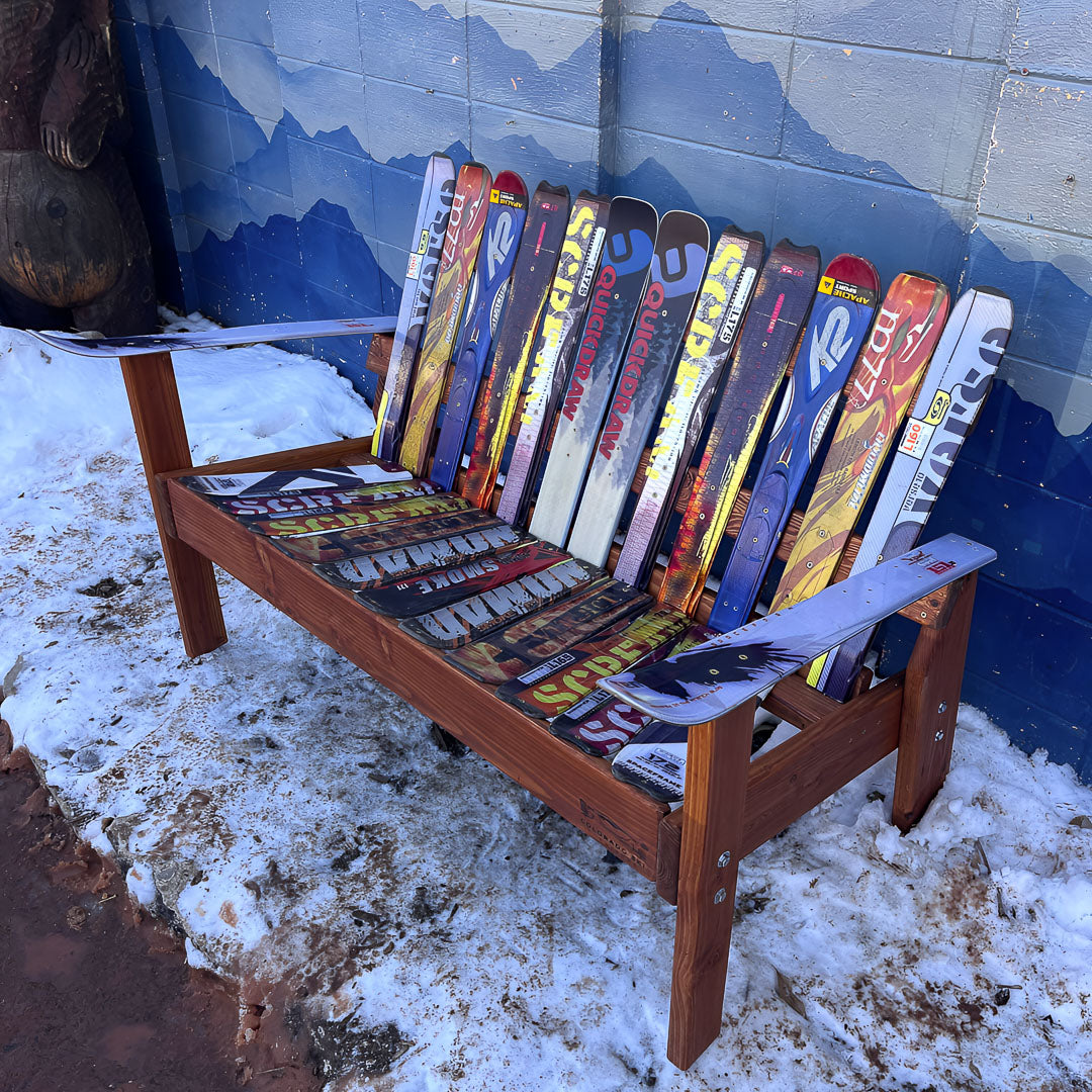 Alpine Bench full size chair build with colorful mixed reclaimed ski backrest and seat on a wood frame