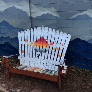 Hand Painted Frontier Bench full size chair build with aspen bark texture, fall aspen leaves, and mountain scene on white reclaimed ski backrest