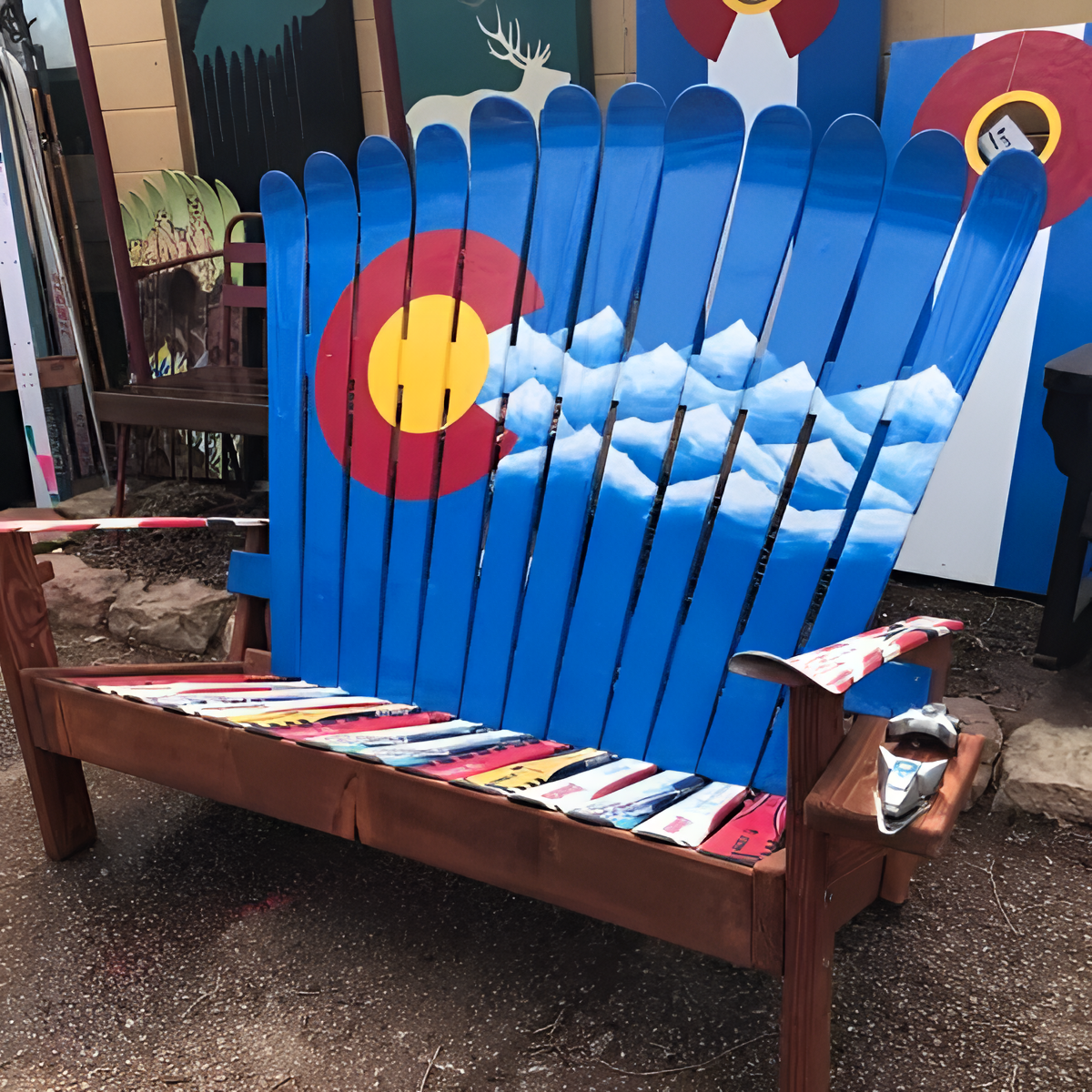 Reclaimed ski Adirondack loveseat with hand-painted Colorado flag and mountain scene on the backrest, colorful mixed ski seat, and ski pole armrests, set on a wood frame